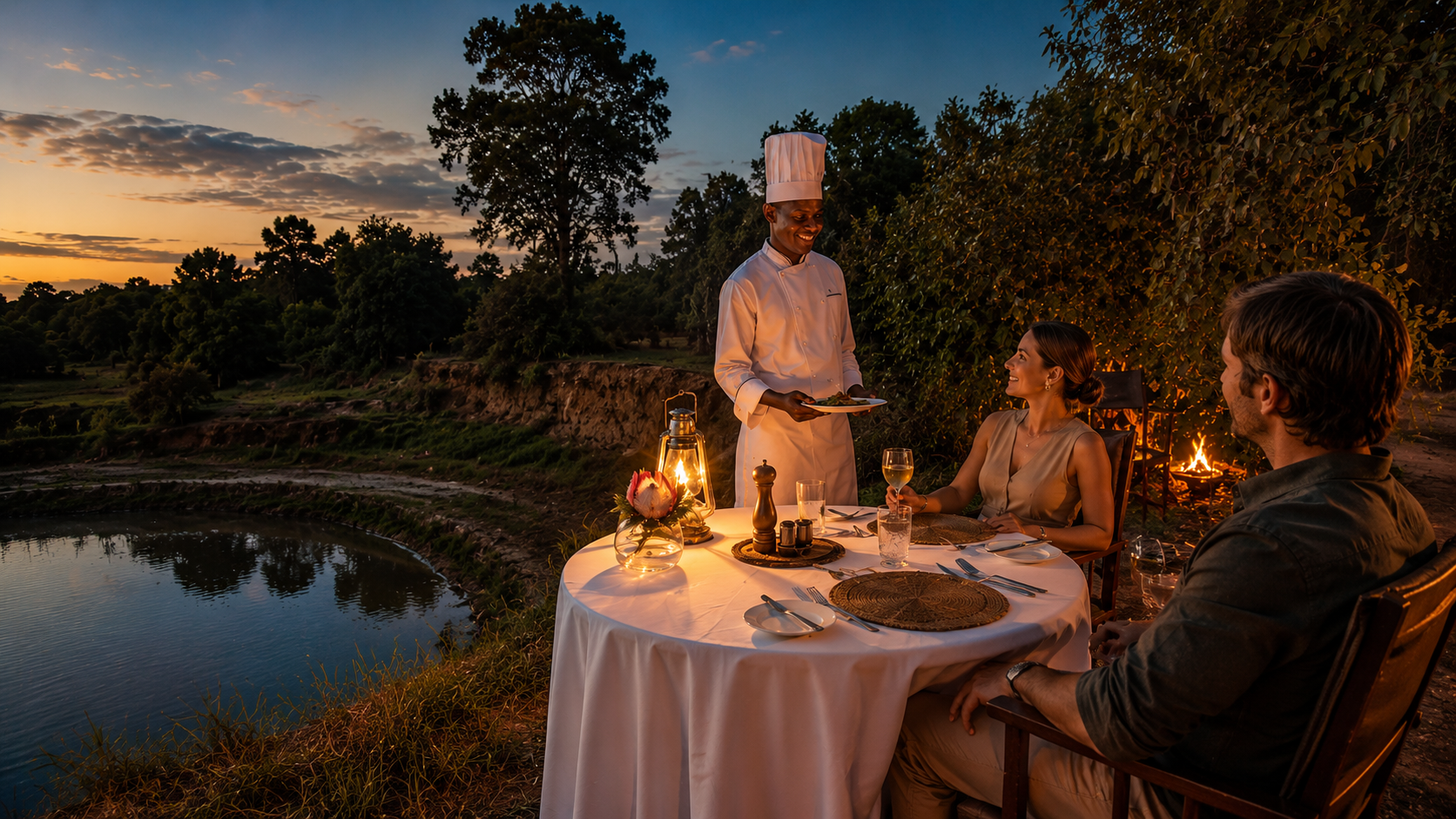 Romantic sunset dinner on safari