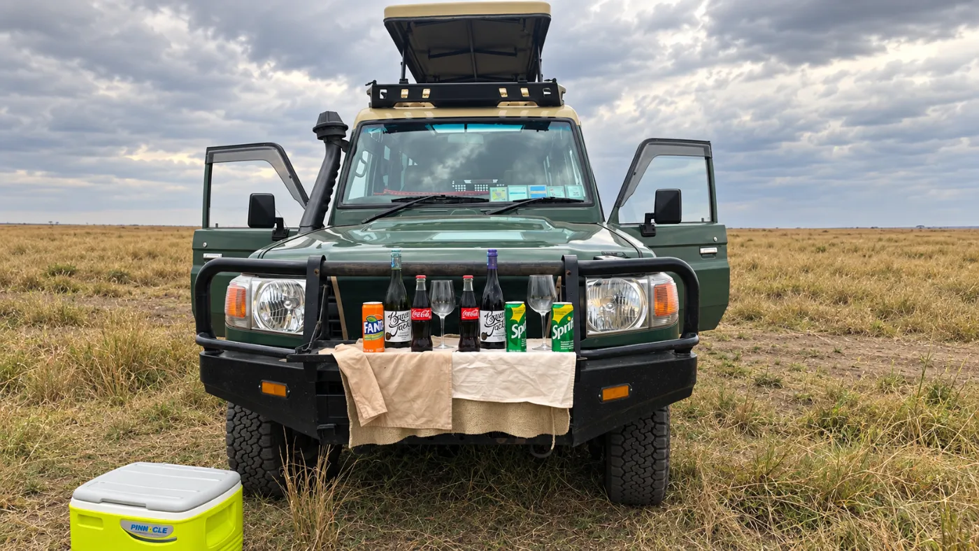 Drinks laid out on the Land Cruiser bonnet, Masai Mara
