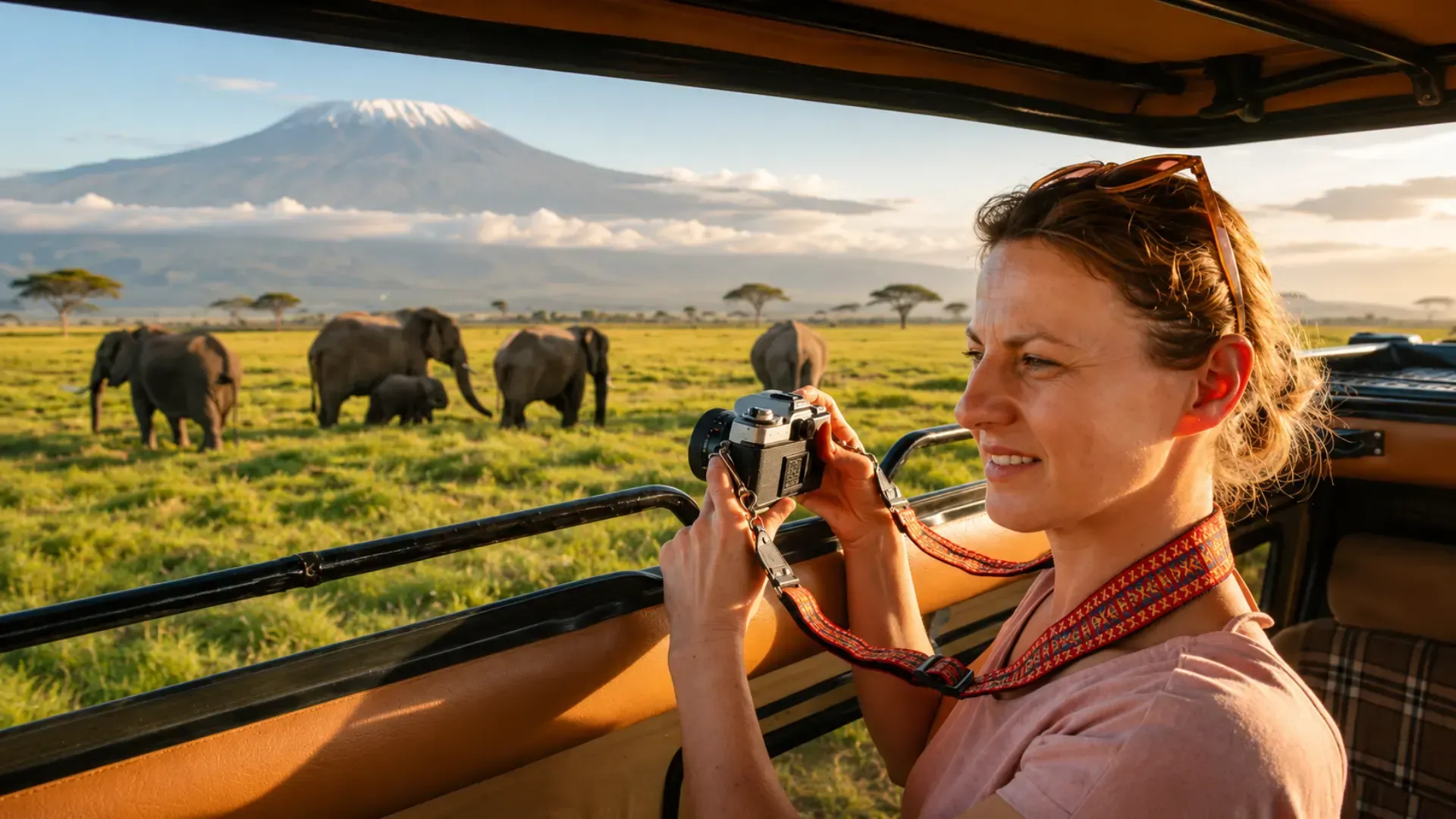 Guest photographing elephants, Amboseli