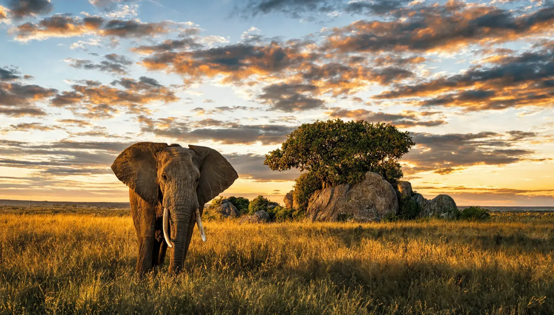 Elephant at golden hour beside a kopje, Serengeti