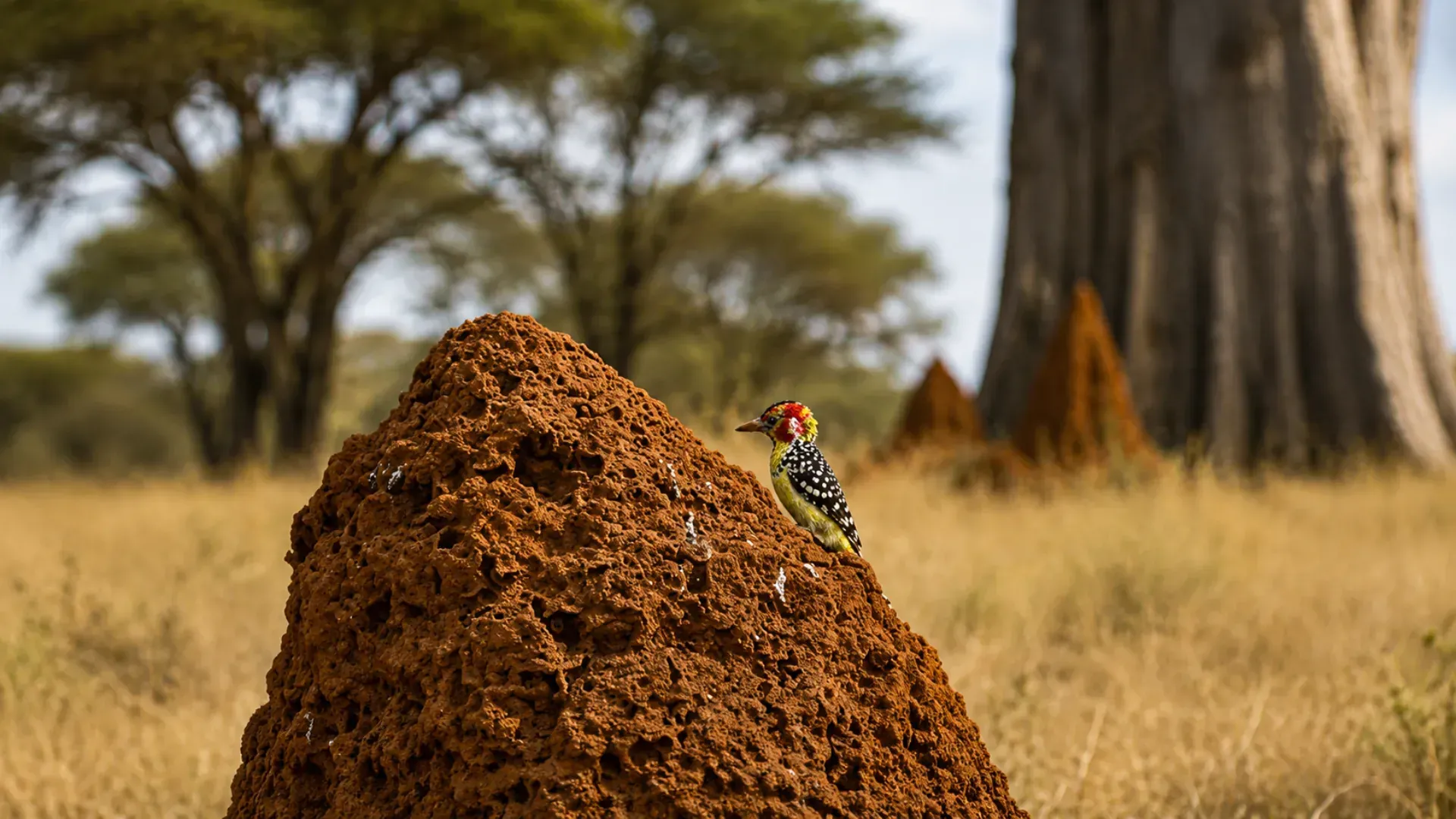 Elephant at a waterhole beneath a baobab, Tarangire