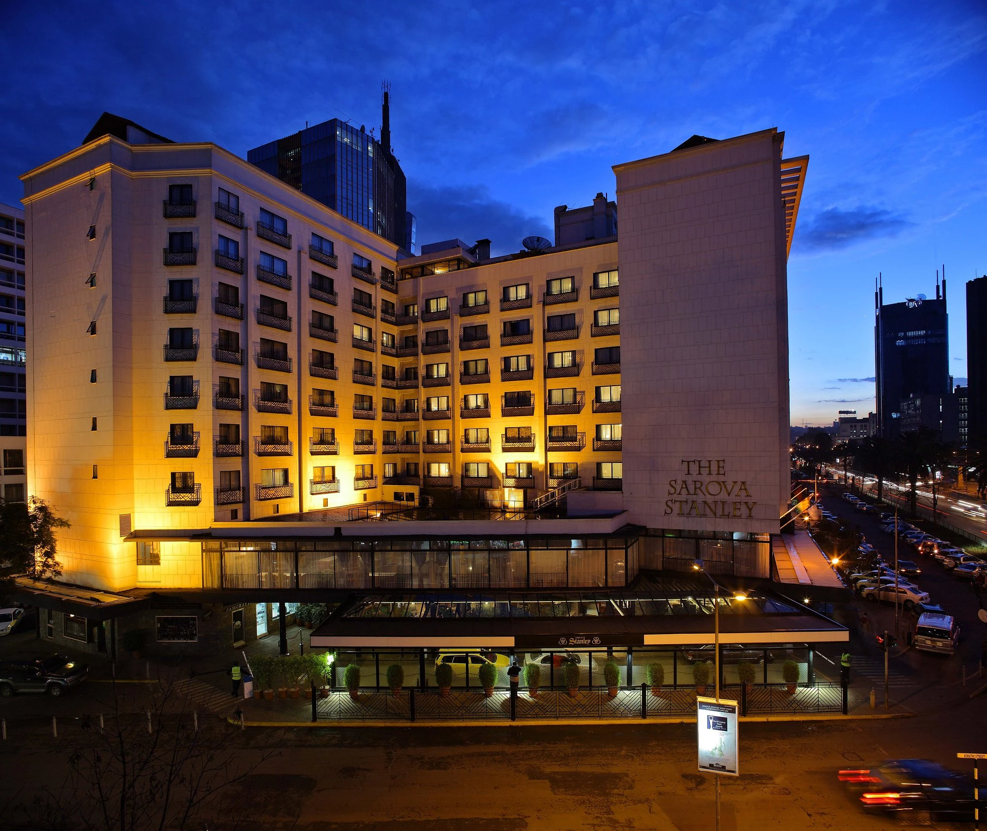 Sarova Stanley Hotel, Nairobi — hotel exterior at dusk